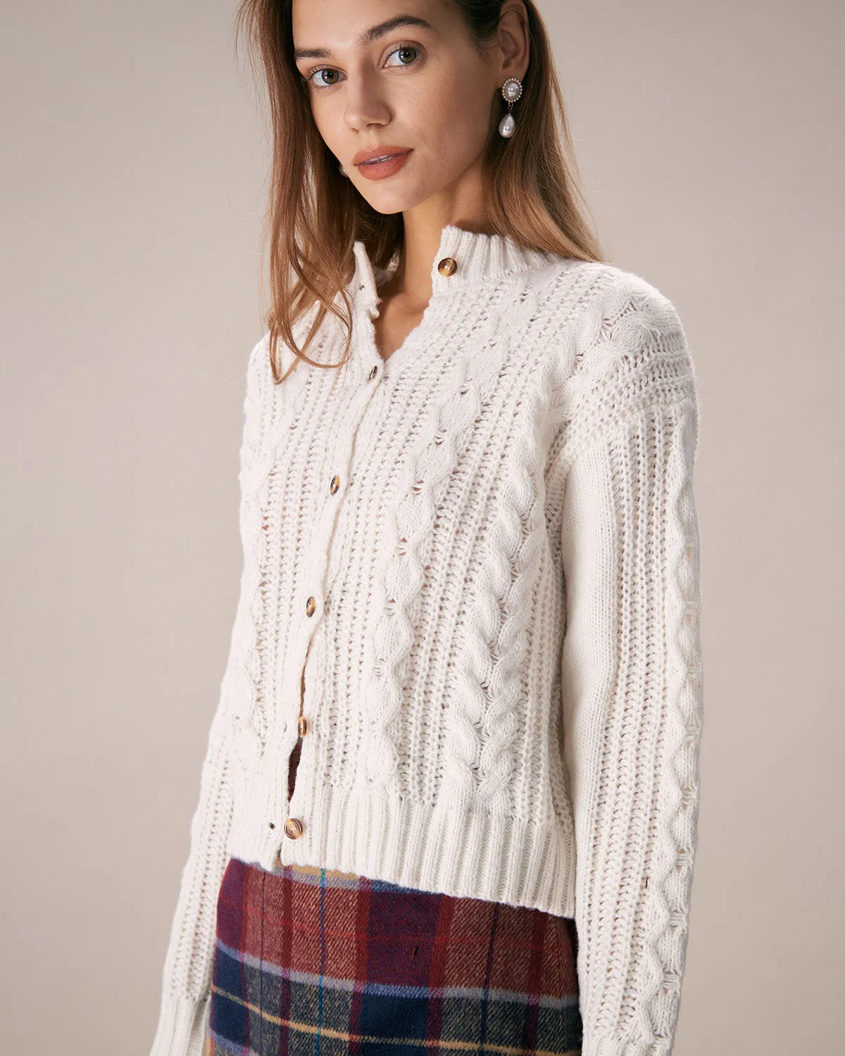 The White Crew Neck Argyle Cable Cardigan sold by rihoas product image thumbnail 4