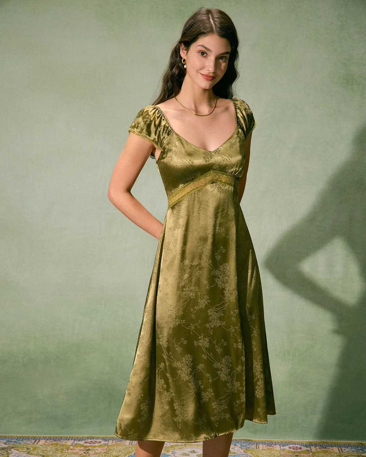 The Green Satin Jacquard Side Split Midi Dress sold by rihoas