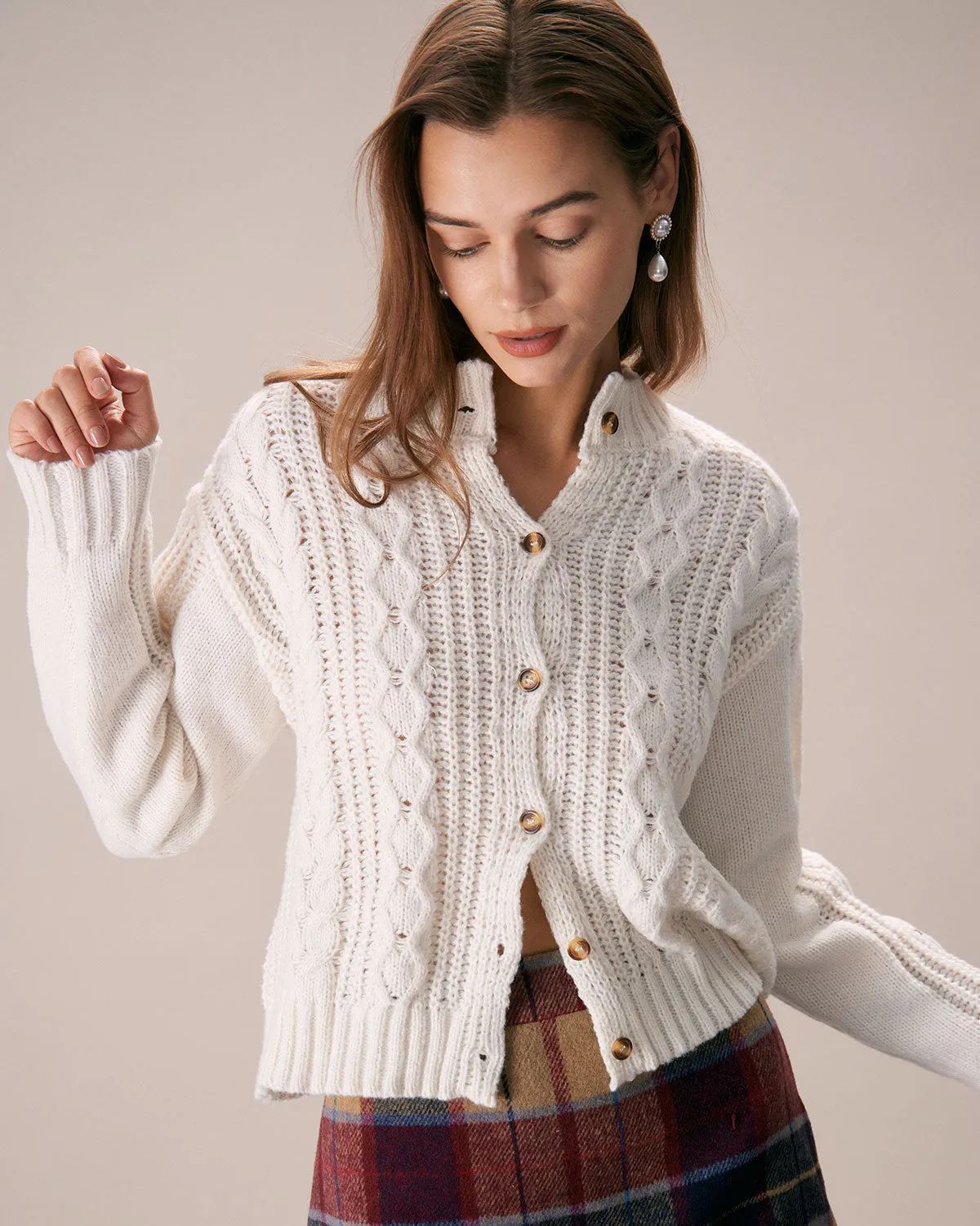 The White Crew Neck Argyle Cable Cardigan sold by rihoas product image thumbnail 3