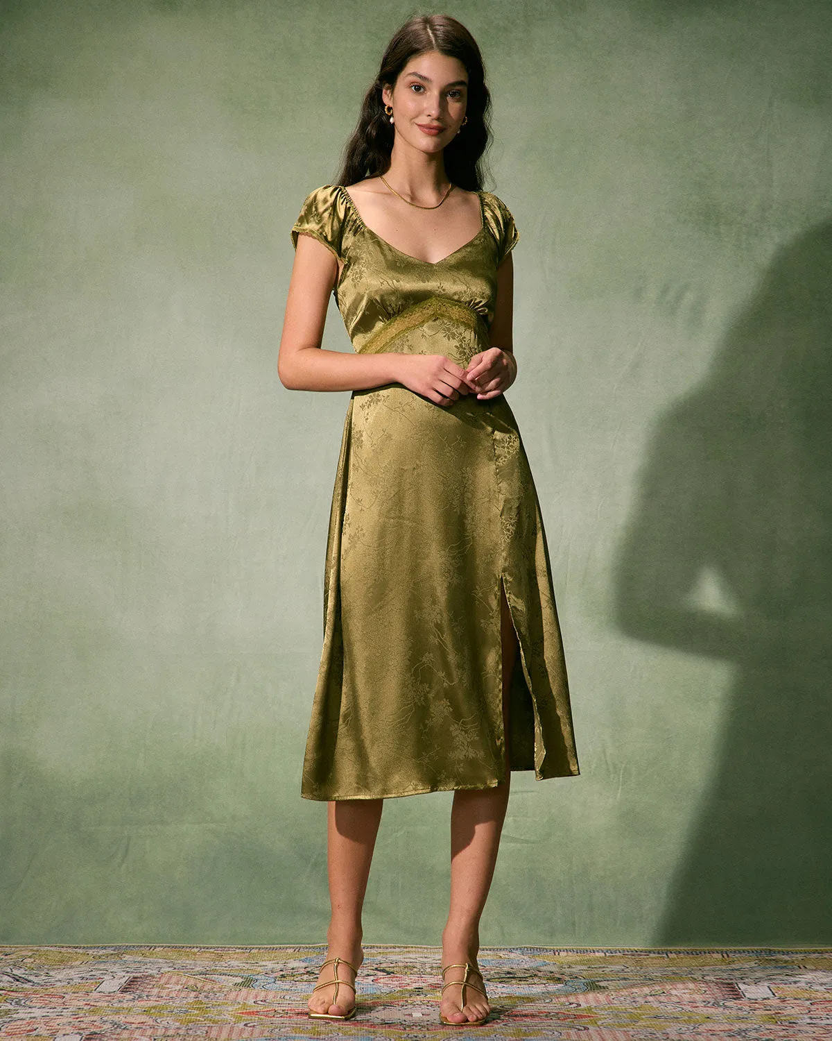 The Green Satin Jacquard Side Split Midi Dress sold by rihoas product image thumbnail 4