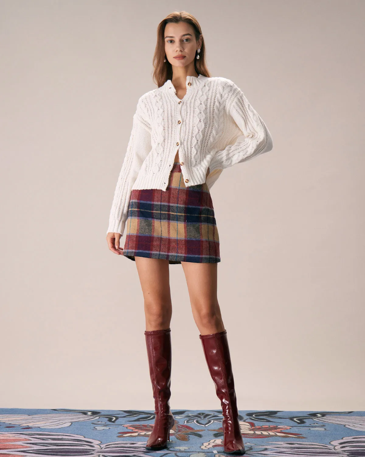 The White Crew Neck Argyle Cable Cardigan sold by rihoas product image thumbnail 2