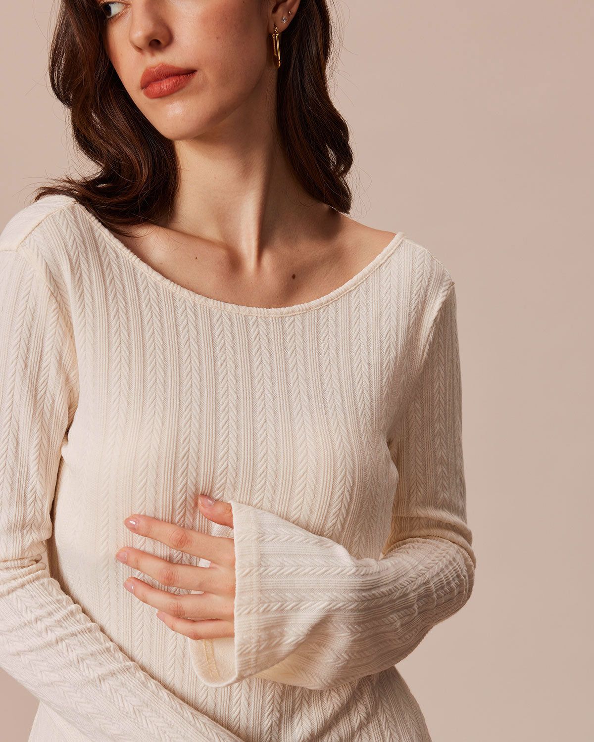 The Beige Boat Neck Backless Knit Mini Dress sold by rihoas product image thumbnail 5