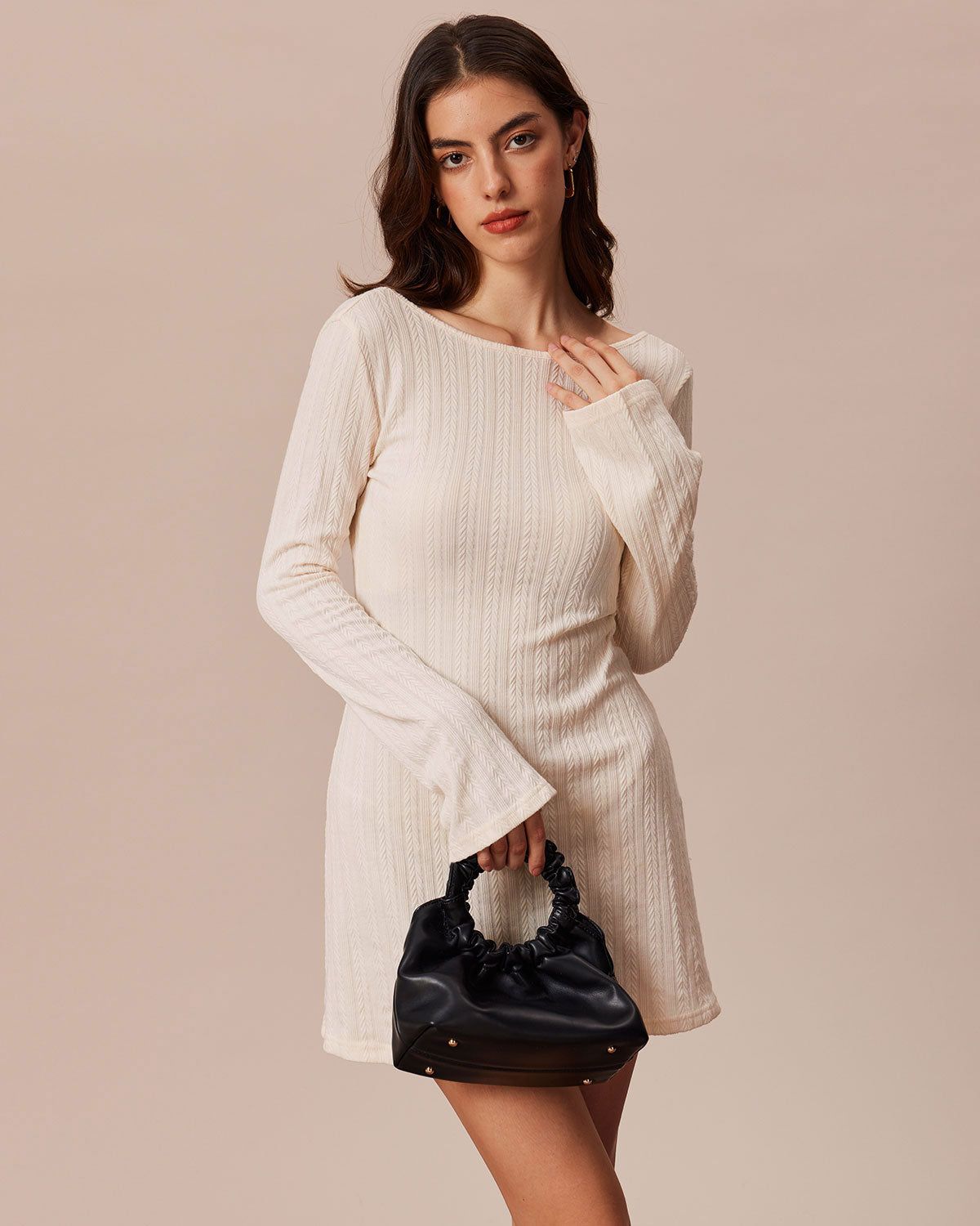 The Beige Boat Neck Backless Knit Mini Dress sold by rihoas product image thumbnail 2