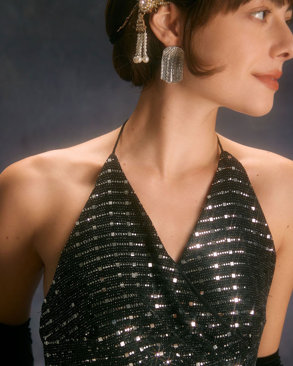 The Black V Neck Sequin Slit Wrap Mini Dress sold by rihoas product image thumbnail 2