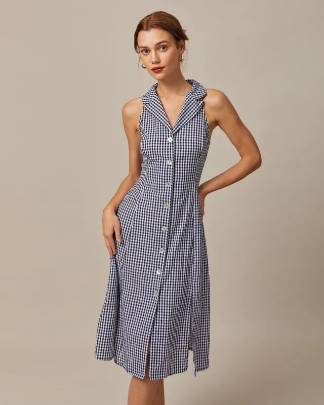 The Black Lapel Plaid Button Vest Midi Dress sold by rihoas