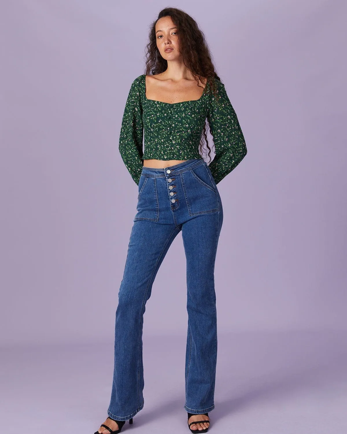 The Green Square Neck Floral Button Blouse sold by rihoas product image thumbnail 2