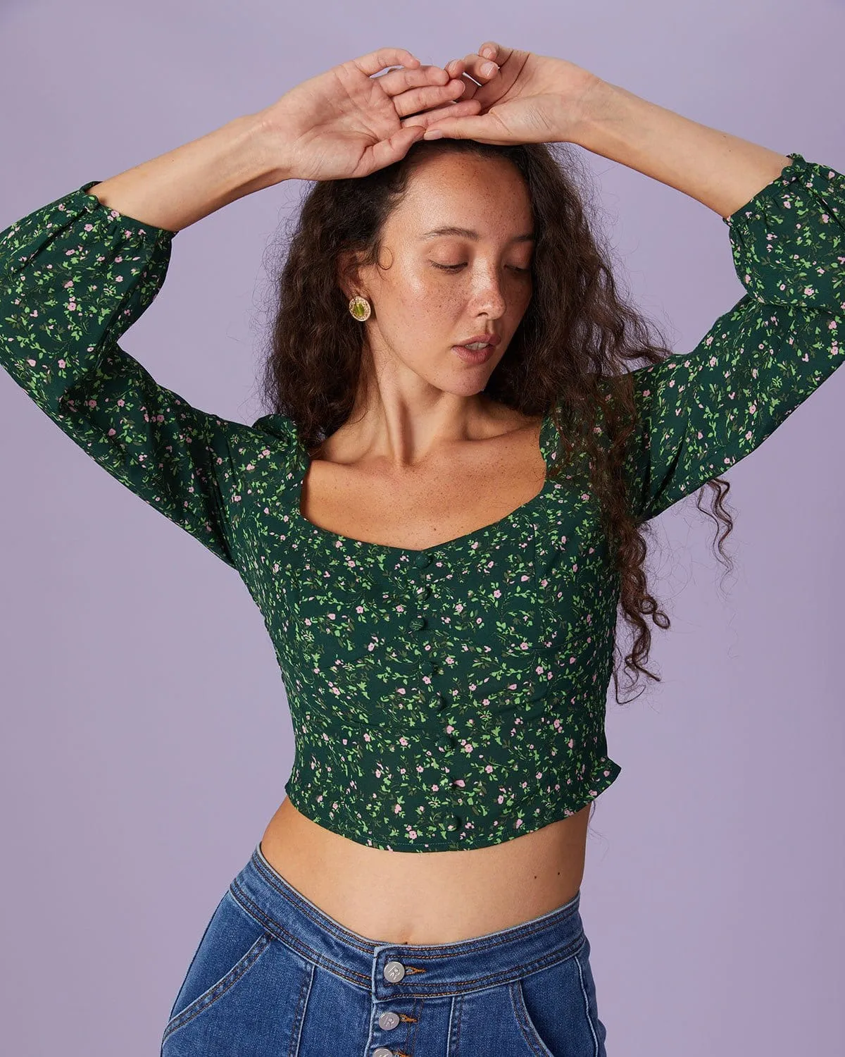 The Green Square Neck Floral Button Blouse sold by rihoas product image thumbnail 3