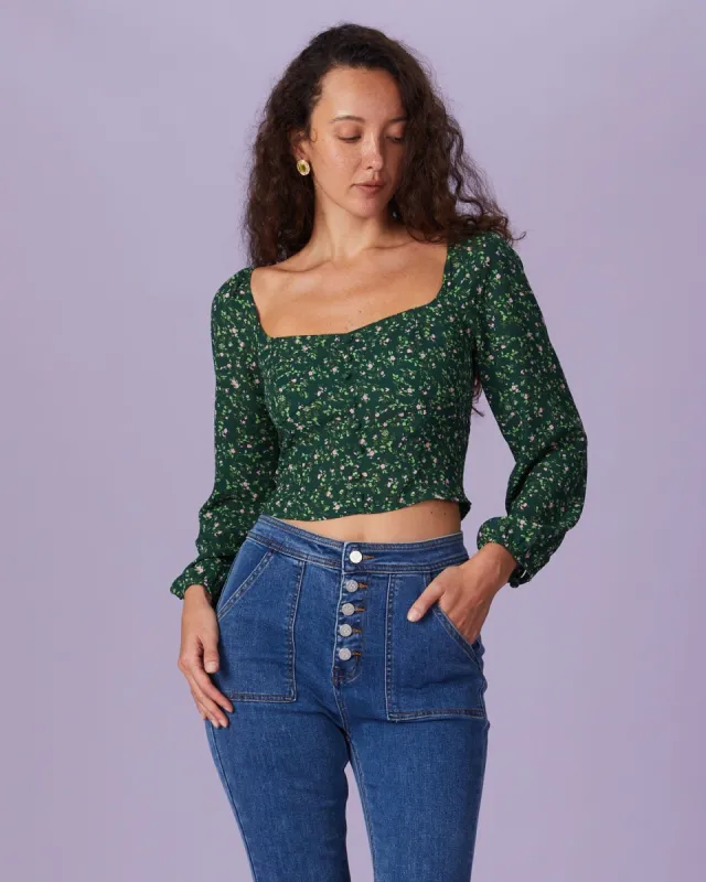 The Green Square Neck Floral Button Blouse sold by rihoas