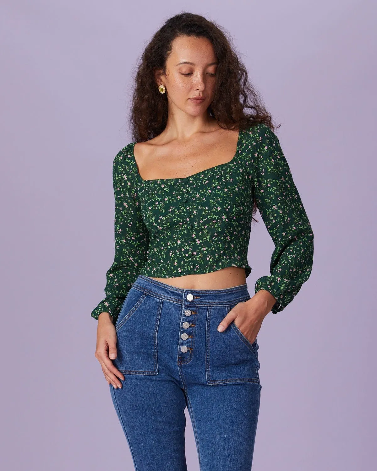 The Green Square Neck Floral Button Blouse sold by rihoas
