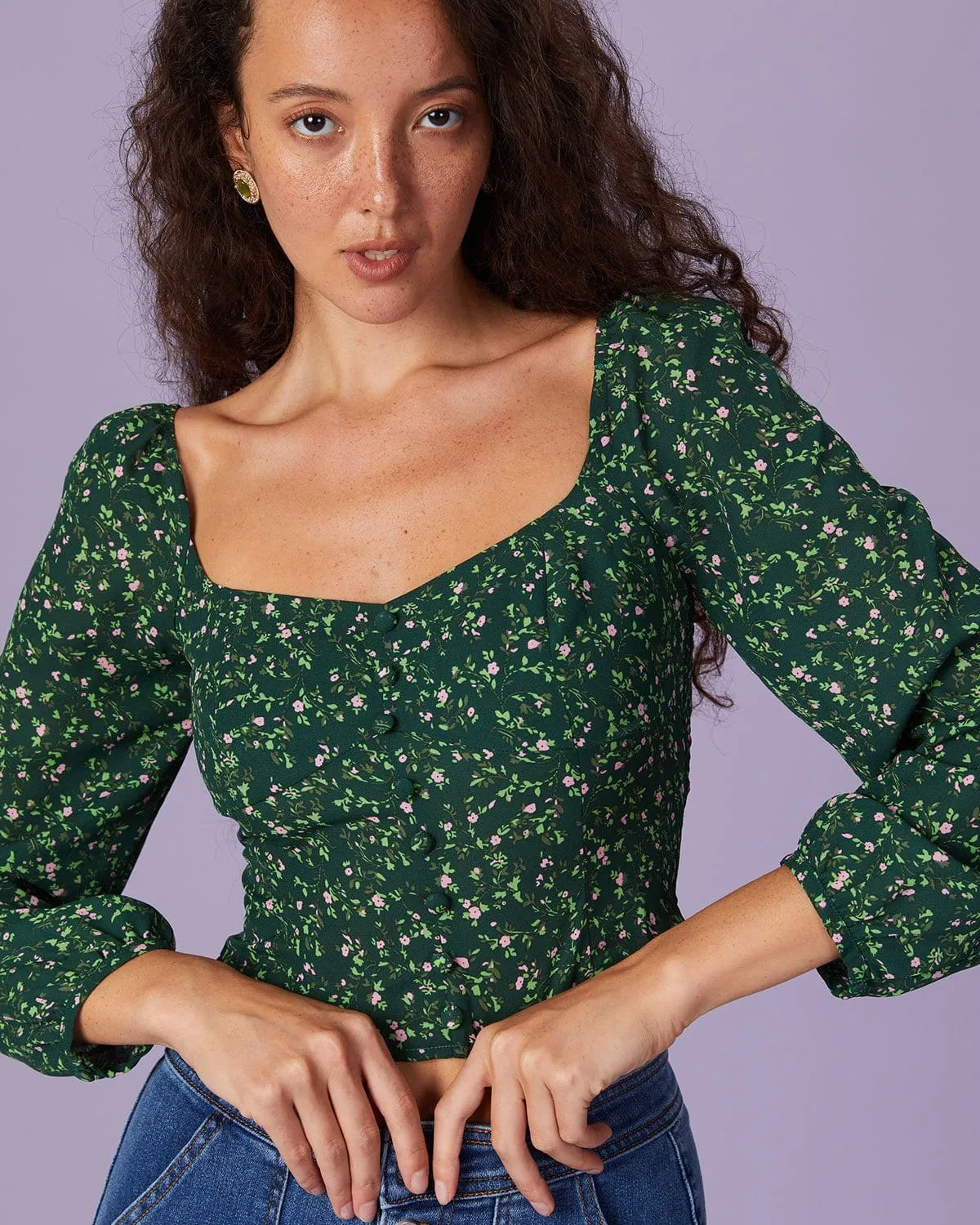 The Green Square Neck Floral Button Blouse sold by rihoas product image thumbnail 4