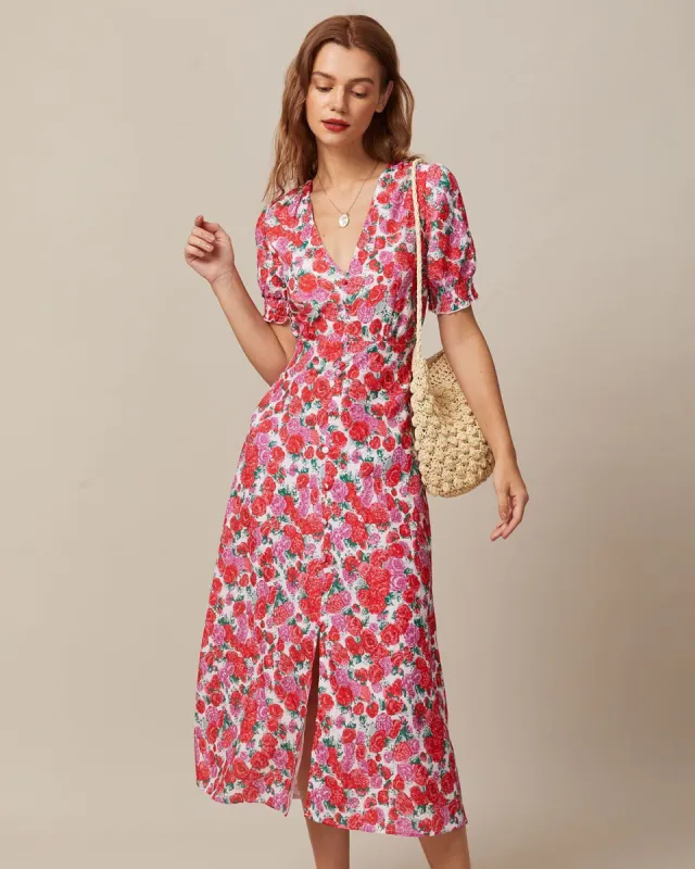 The Red V Neck Floral Rose Print Midi Dress sold by rihoas