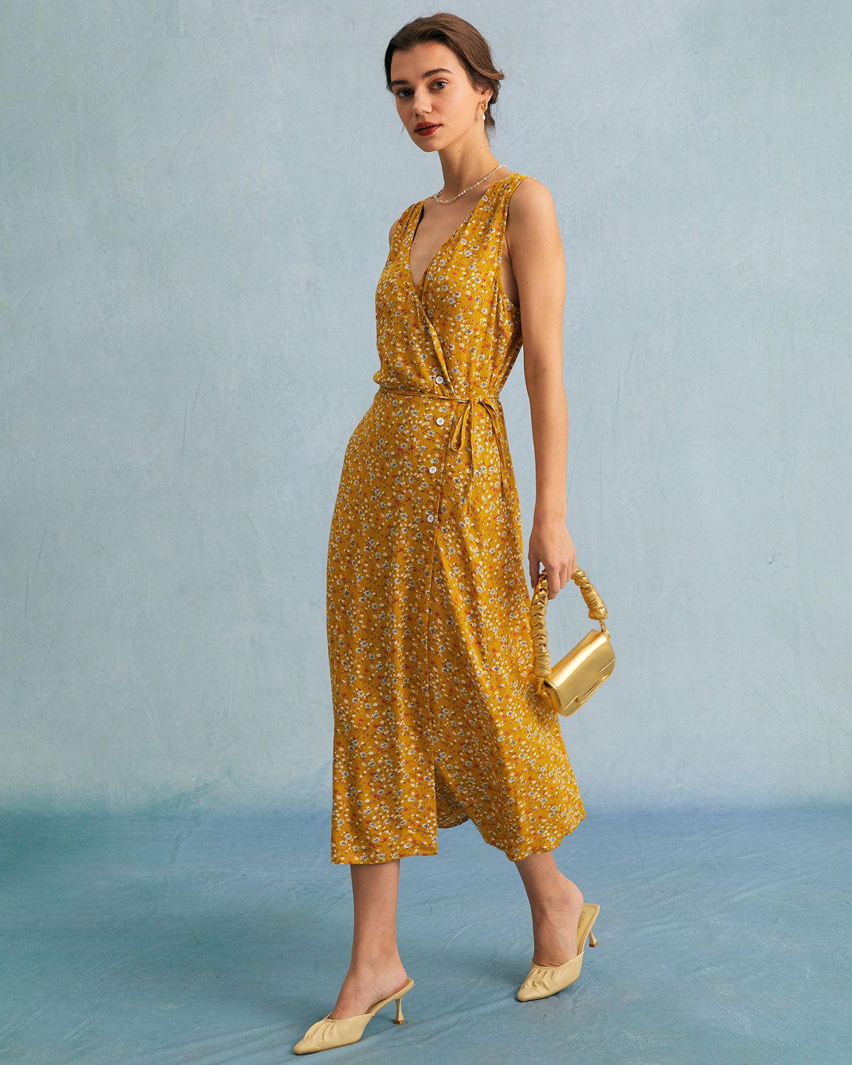 The Yellow V Neck Floral Tie Wrap Midi Dress sold by rihoas product image thumbnail 2