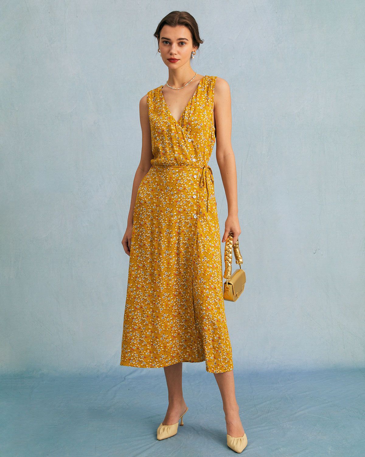 The Yellow V Neck Floral Tie Wrap Midi Dress sold by rihoas