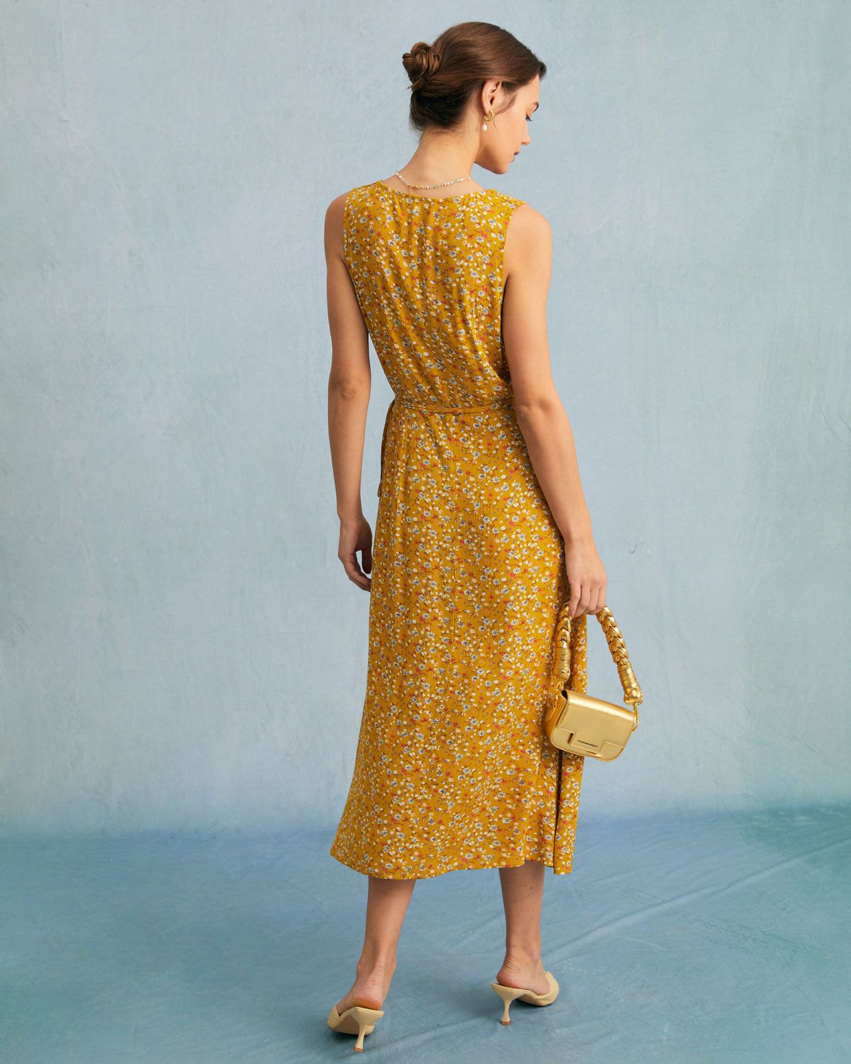 The Yellow V Neck Floral Tie Wrap Midi Dress sold by rihoas product image thumbnail 6