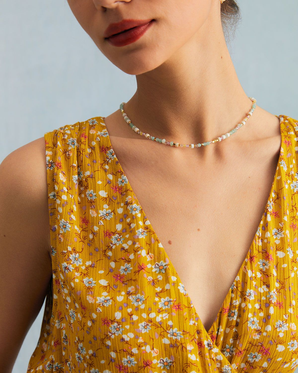 The Yellow V Neck Floral Tie Wrap Midi Dress sold by rihoas product image thumbnail 5