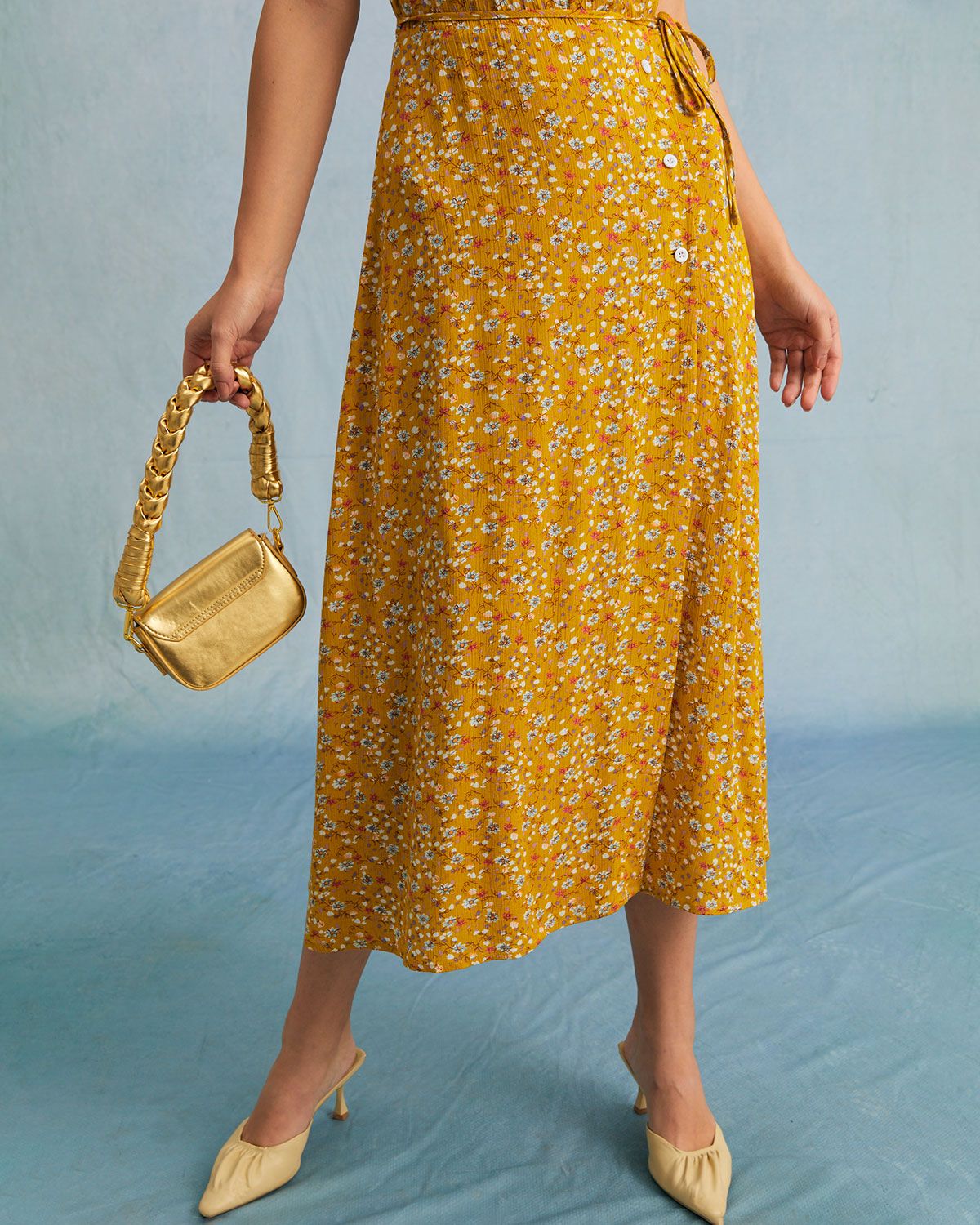 The Yellow V Neck Floral Tie Wrap Midi Dress sold by rihoas product image thumbnail 4