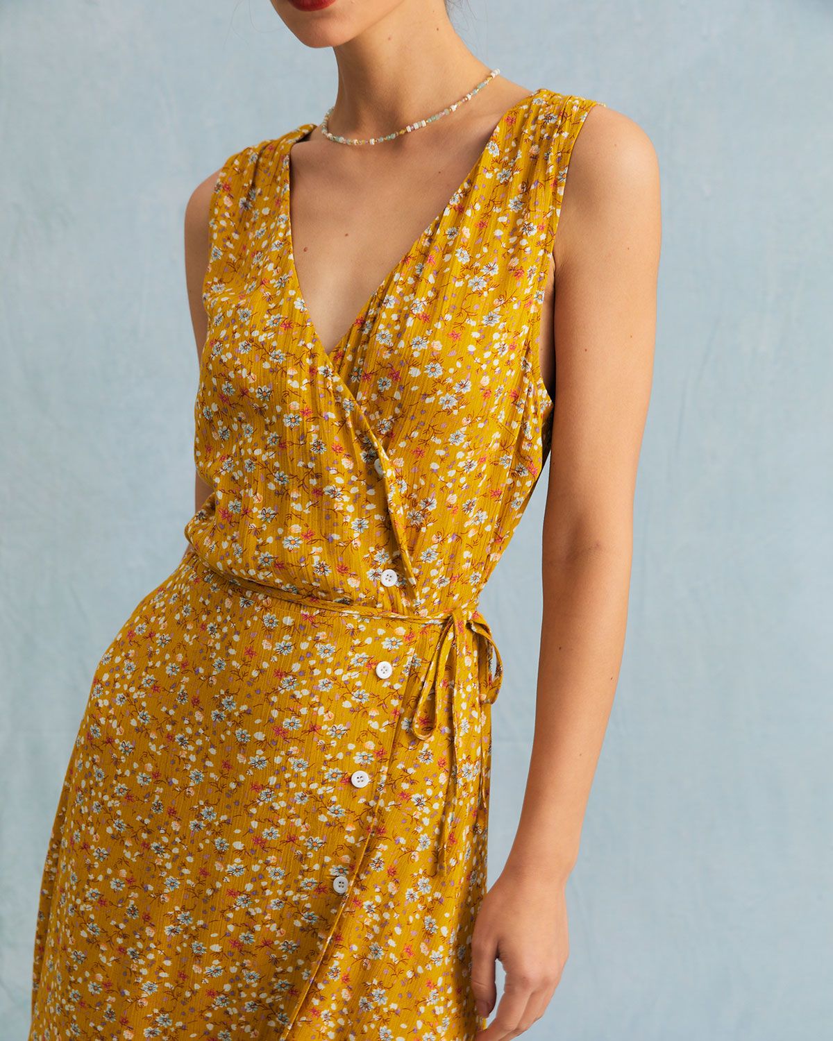 The Yellow V Neck Floral Tie Wrap Midi Dress sold by rihoas product image thumbnail 3