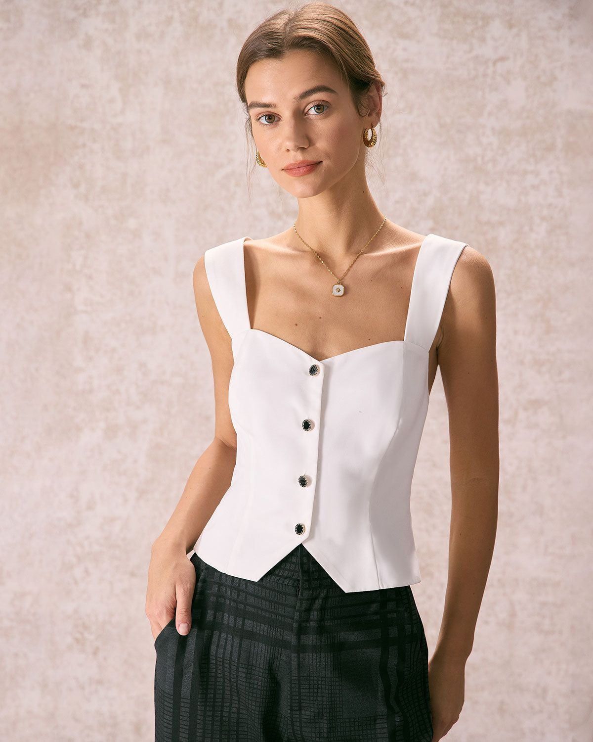 The White Sweetheart Neck Button Tank Top sold by rihoas