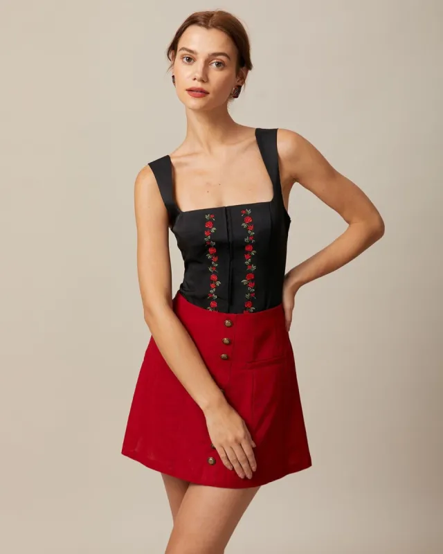 The Black Square Neck Embroidery Cami Top sold by rihoas