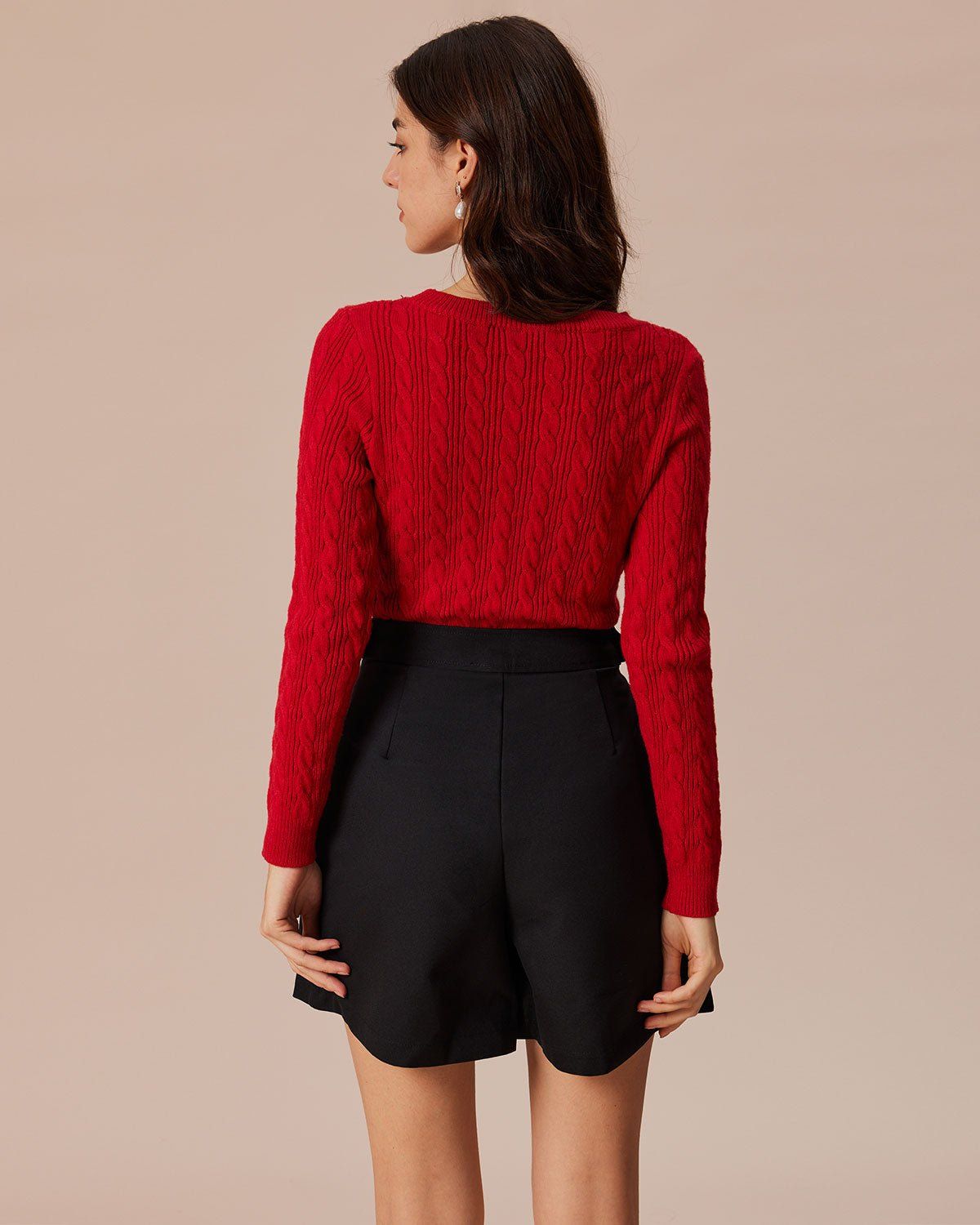 The Red Round Neck Cable Ribbed Sweater sold by rihoas product image thumbnail 5