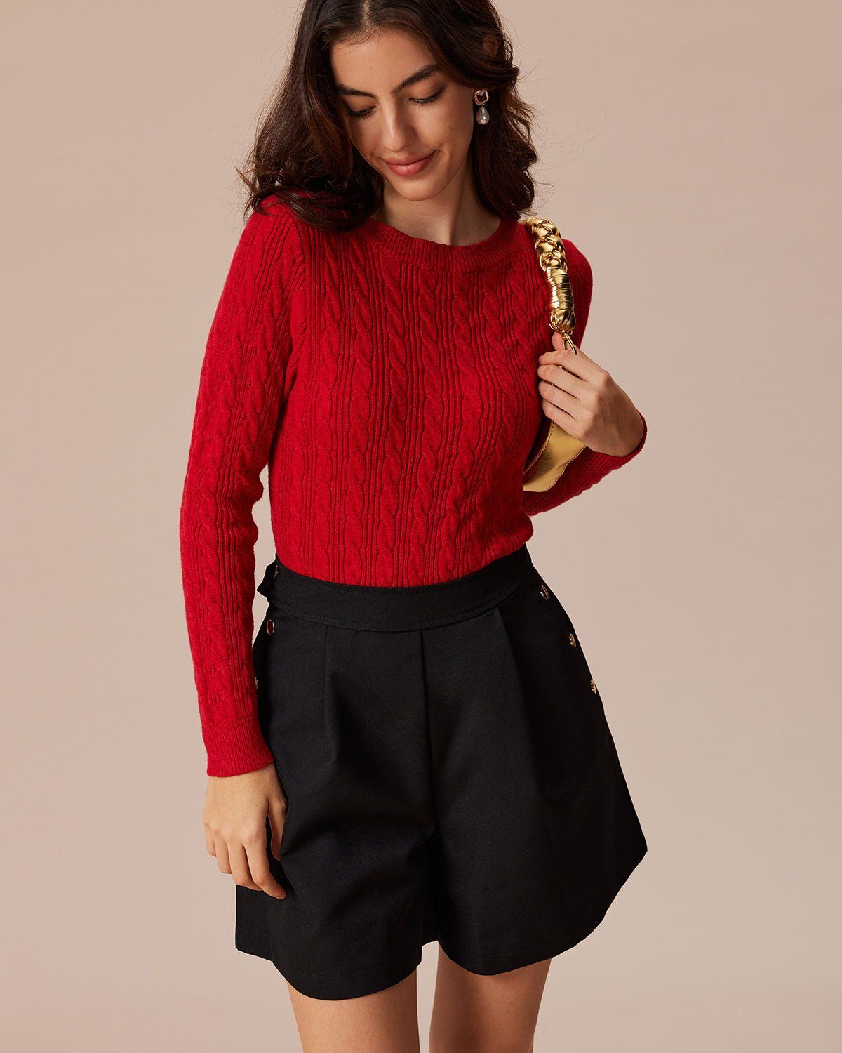 The Red Round Neck Cable Ribbed Sweater sold by rihoas
