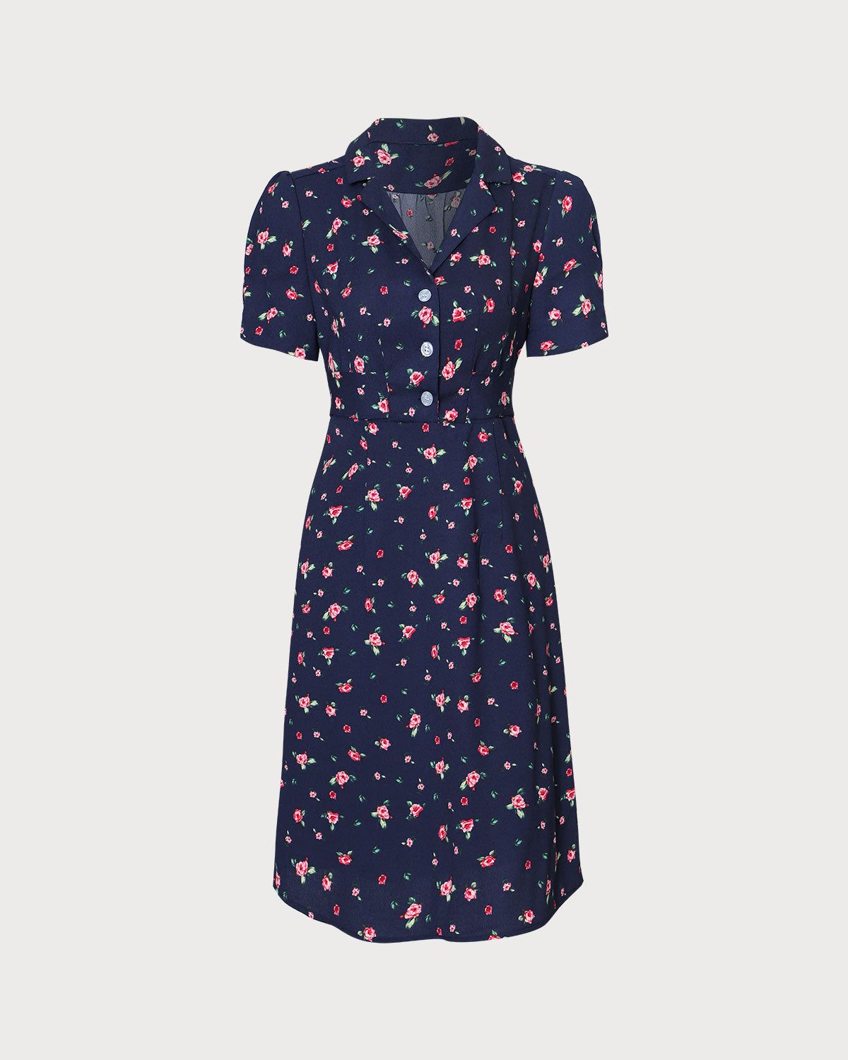 The Navy Lapel Puff Sleeve Shirt Midi Dress sold by rihoas