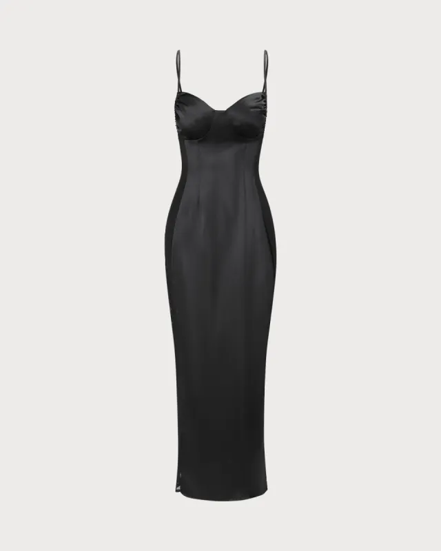 The Black V Neck Mesh Satin Slip Maxi Dress sold by rihoas