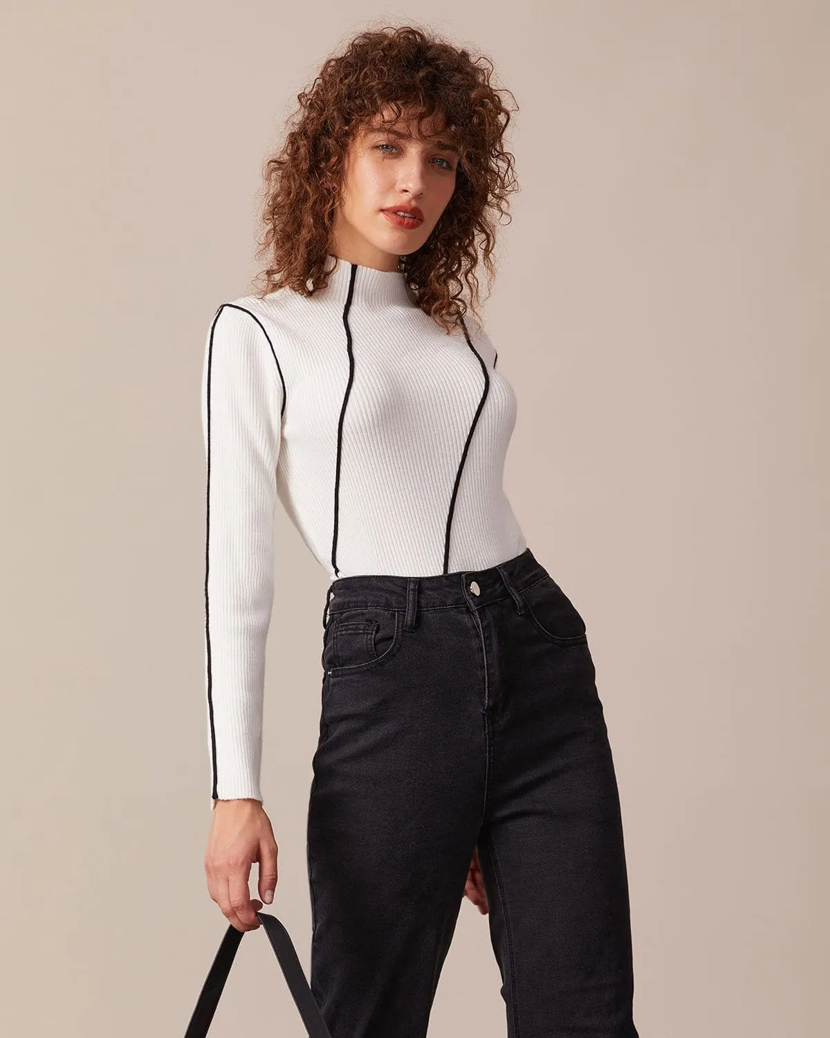 The White Mock Neck Striped Knit Top sold by rihoas product image thumbnail 4