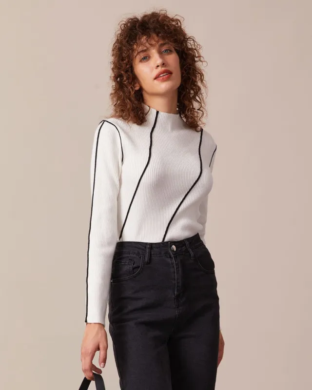 The White Mock Neck Striped Knit Top sold by rihoas