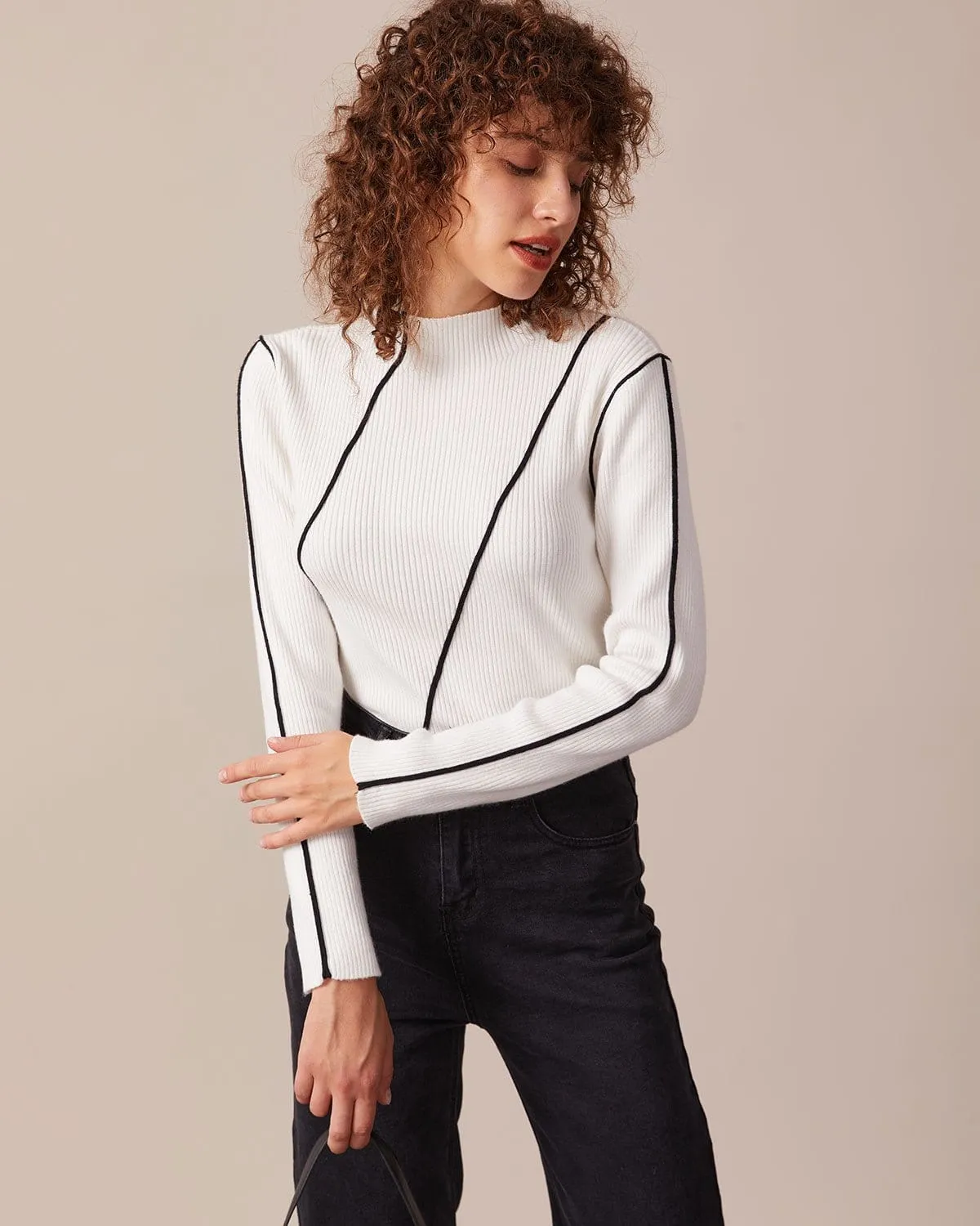 The White Mock Neck Striped Knit Top sold by rihoas product image thumbnail 5
