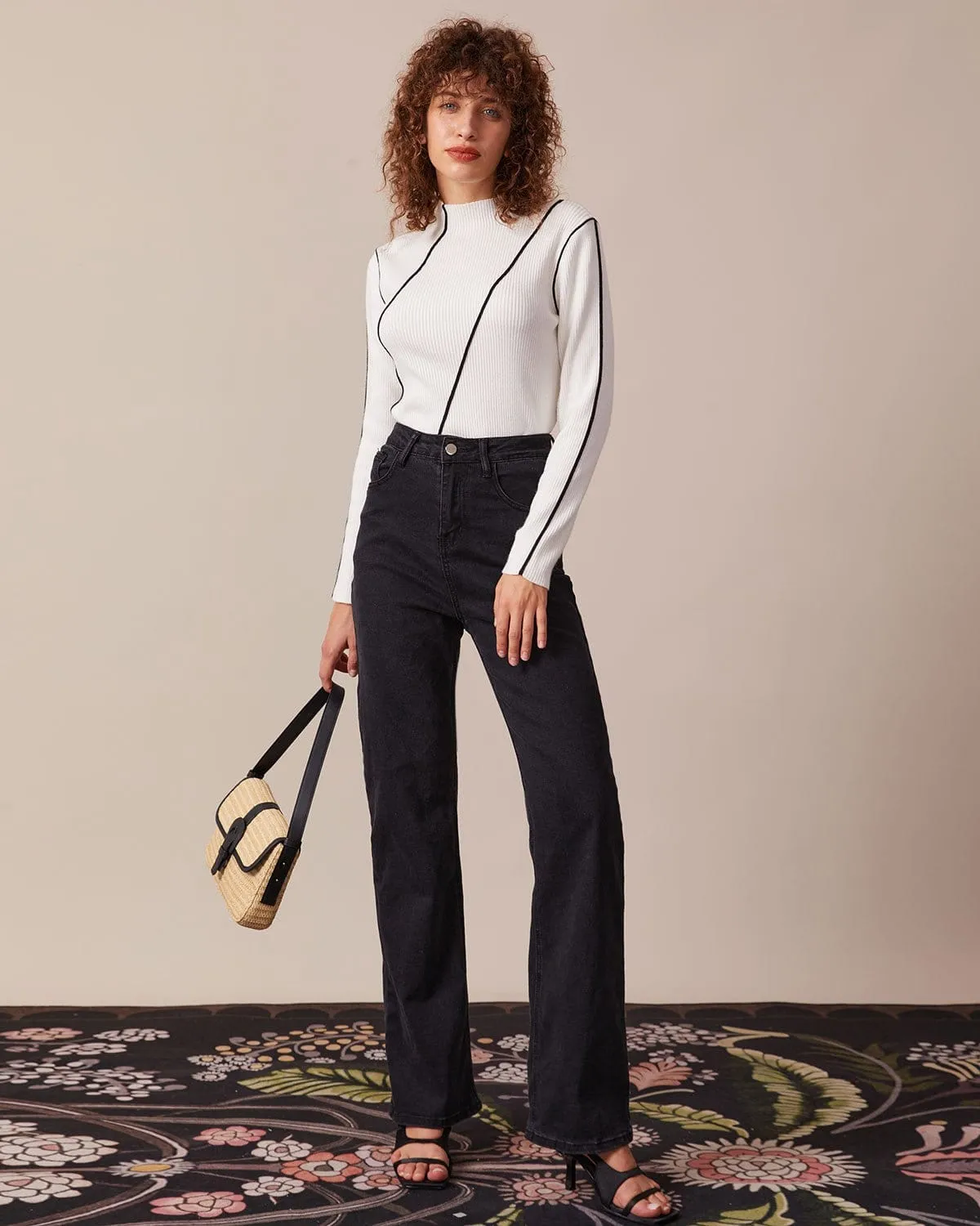 The White Mock Neck Striped Knit Top sold by rihoas product image thumbnail 2