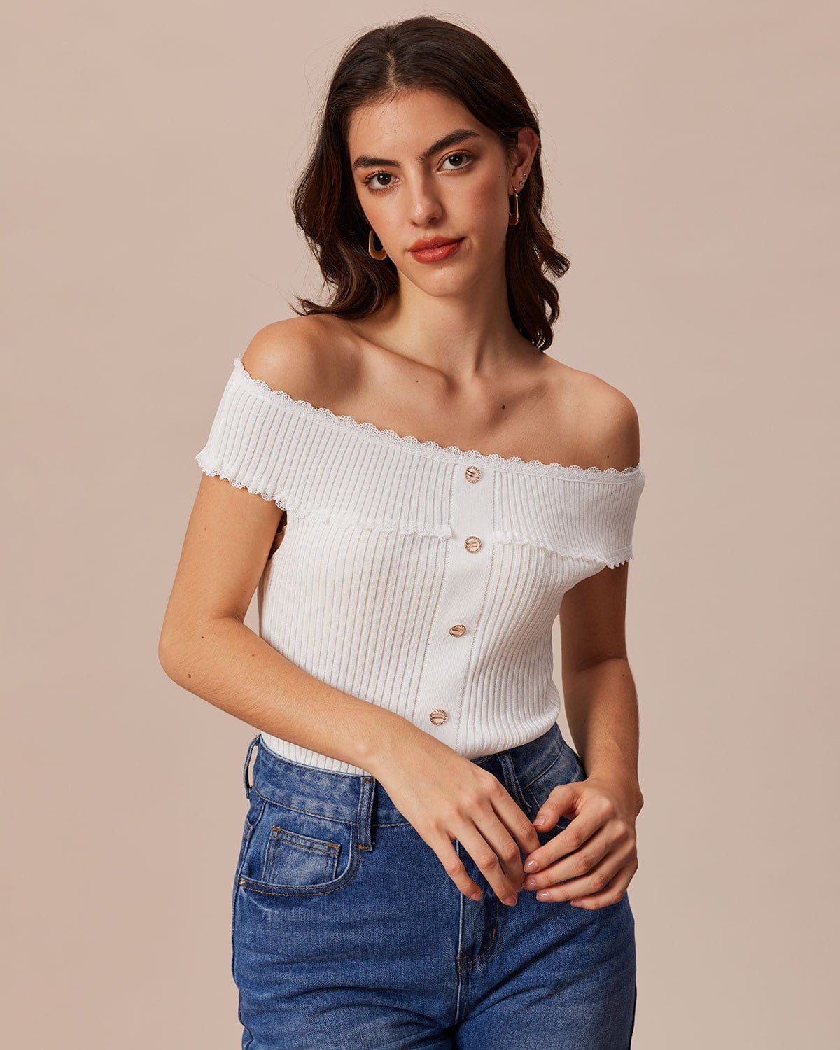 The White Off The Shoulder Lace Knit Top sold by rihoas product image thumbnail 3