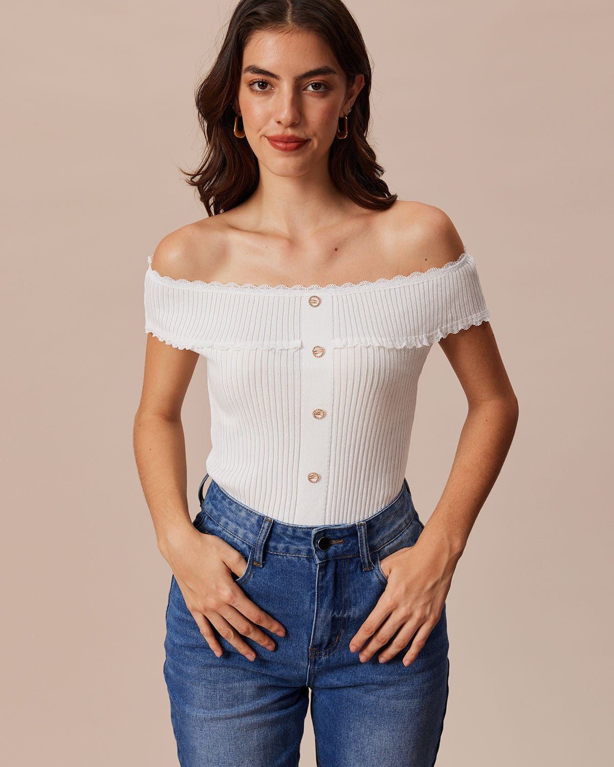 The White Off The Shoulder Lace Knit Top sold by rihoas