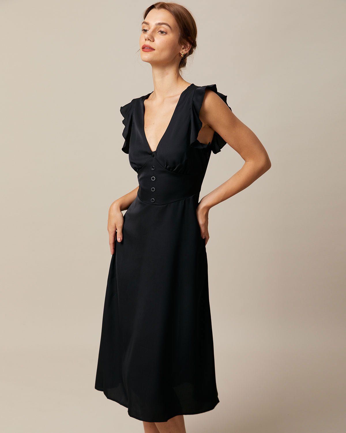The Black V Neck Butterfly Sleeve Midi Dress sold by rihoas product image thumbnail 4