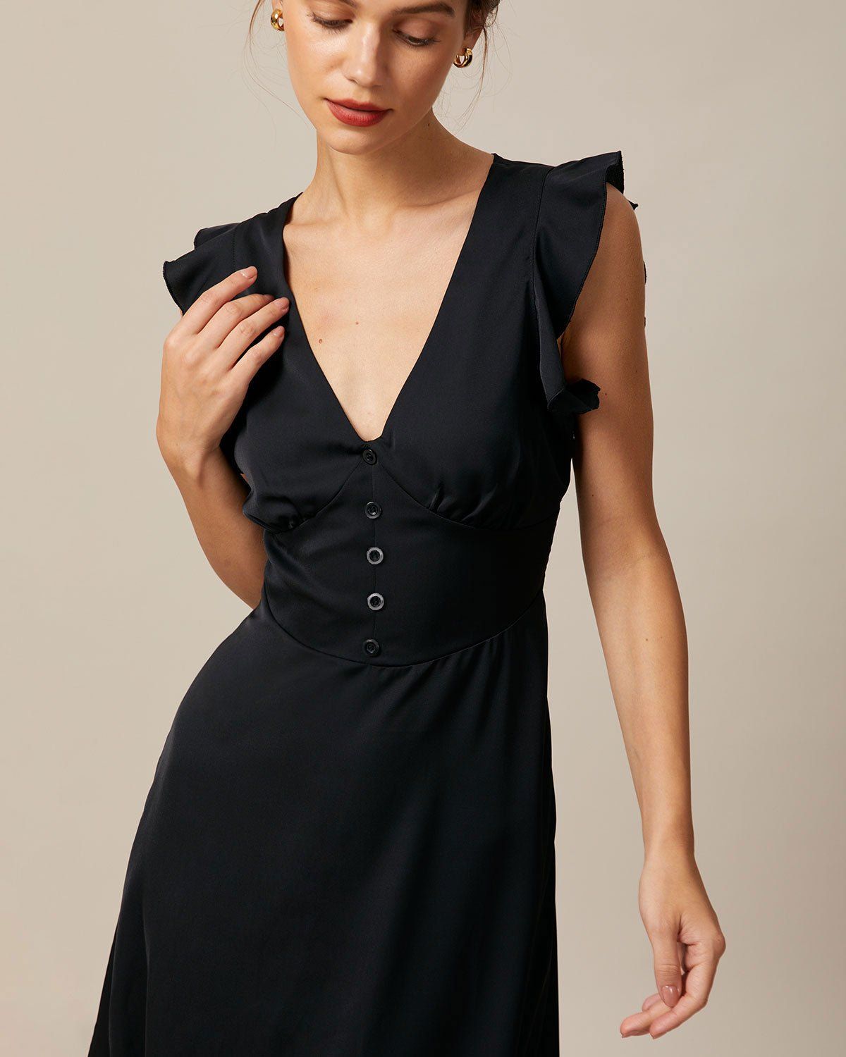 The Black V Neck Butterfly Sleeve Midi Dress sold by rihoas product image thumbnail 3