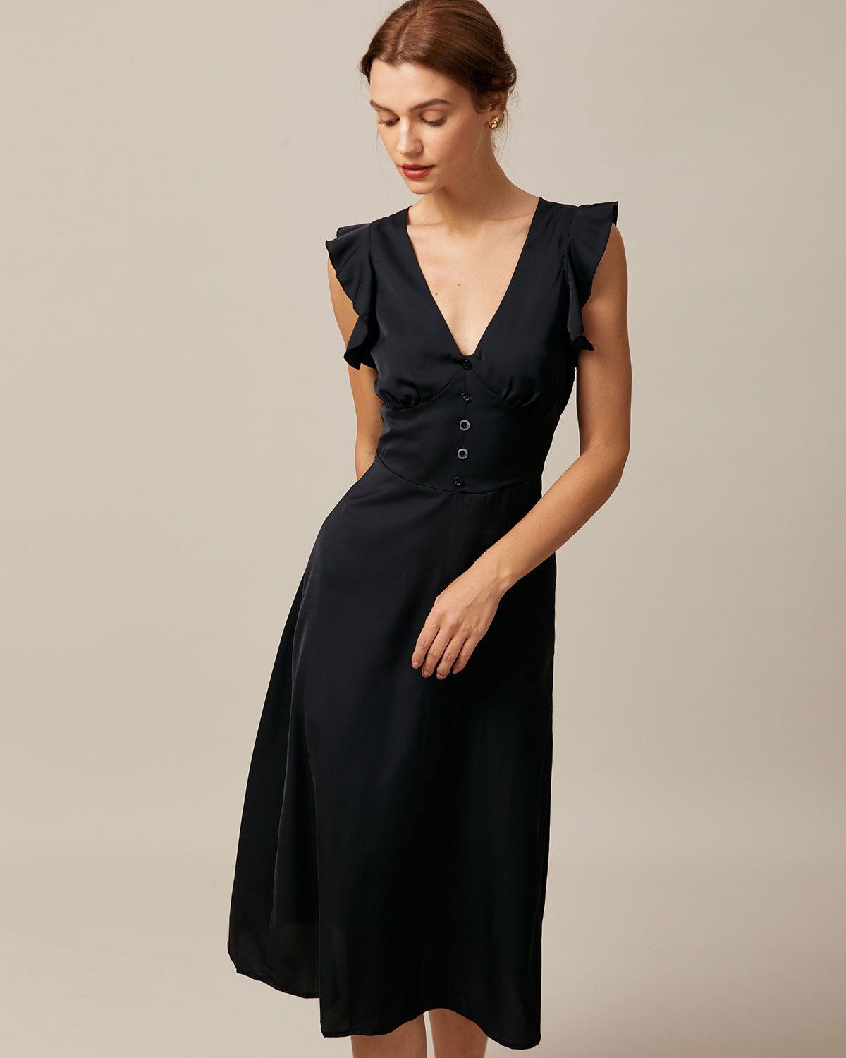 The Black V Neck Butterfly Sleeve Midi Dress sold by rihoas product image thumbnail 2