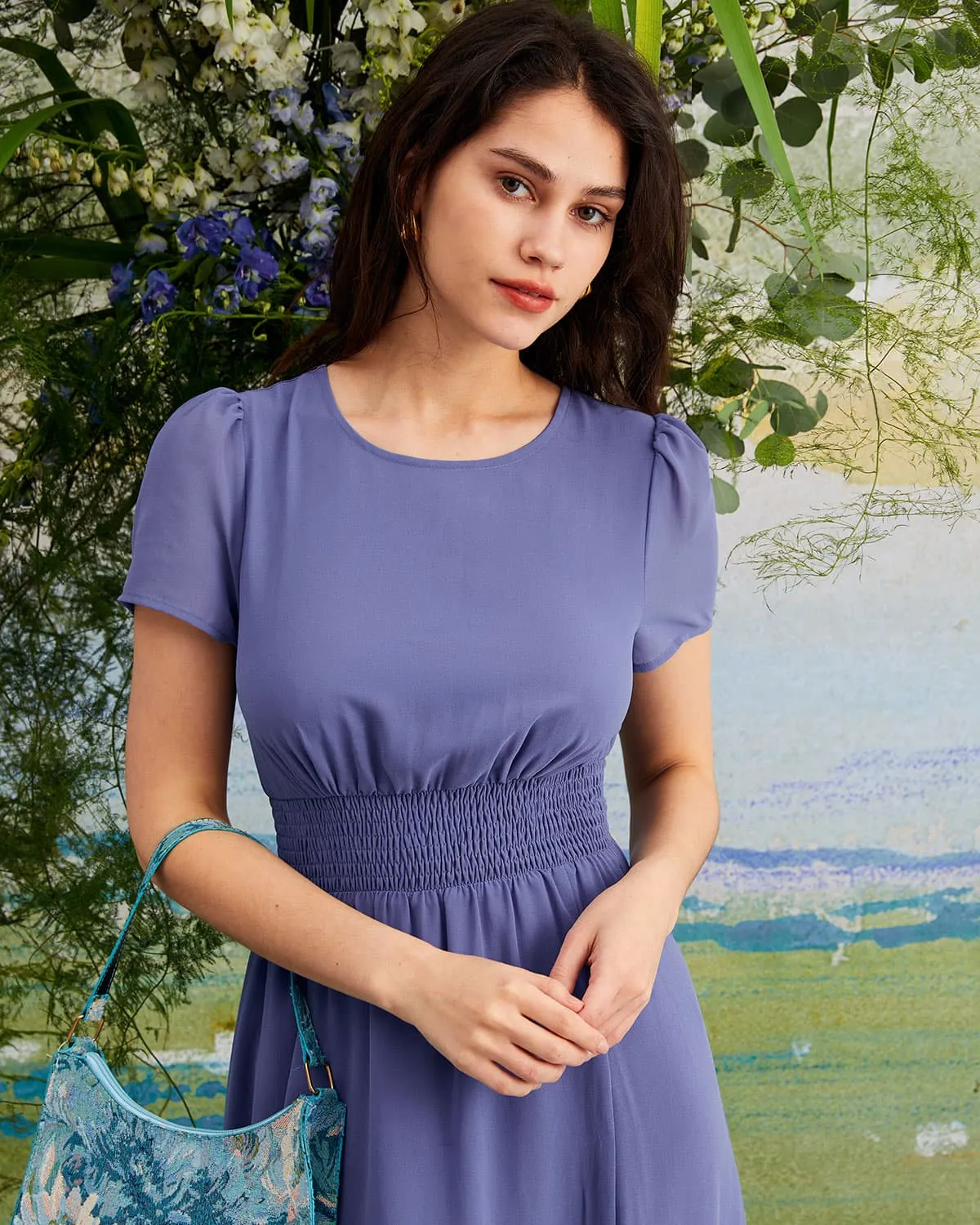 The Blue Round Neck Ruched Midi Dress sold by rihoas product image thumbnail 3