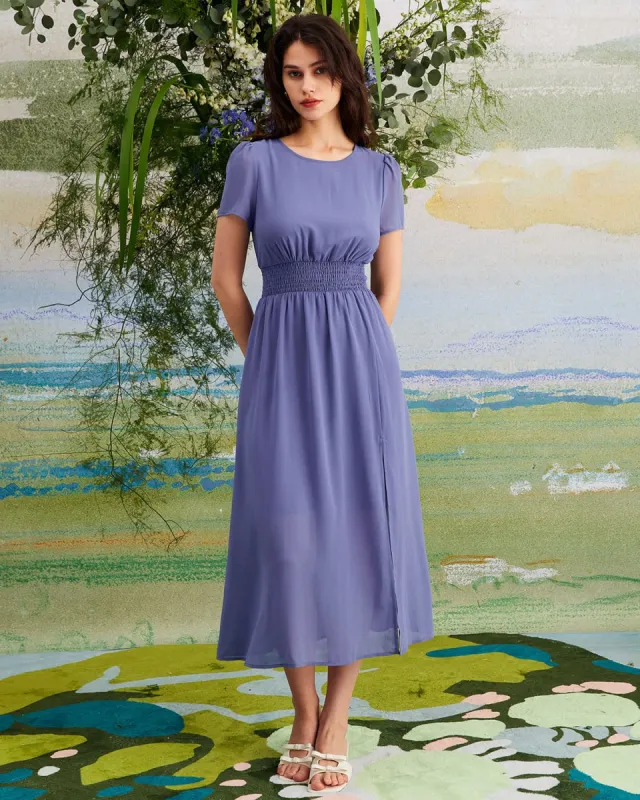 The Blue Round Neck Ruched Midi Dress sold by rihoas