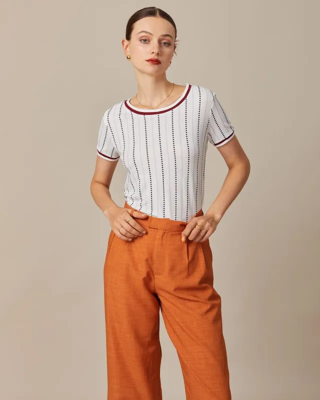 The White Round Neck Polka Dot Striped Tee sold by rihoas