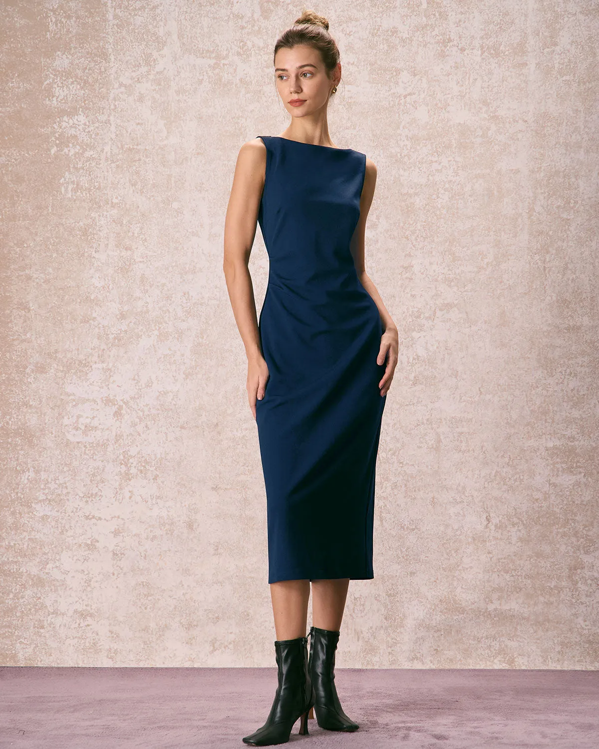 The Navy Boat Neck Ruched Midi Dress sold by rihoas product image thumbnail 4