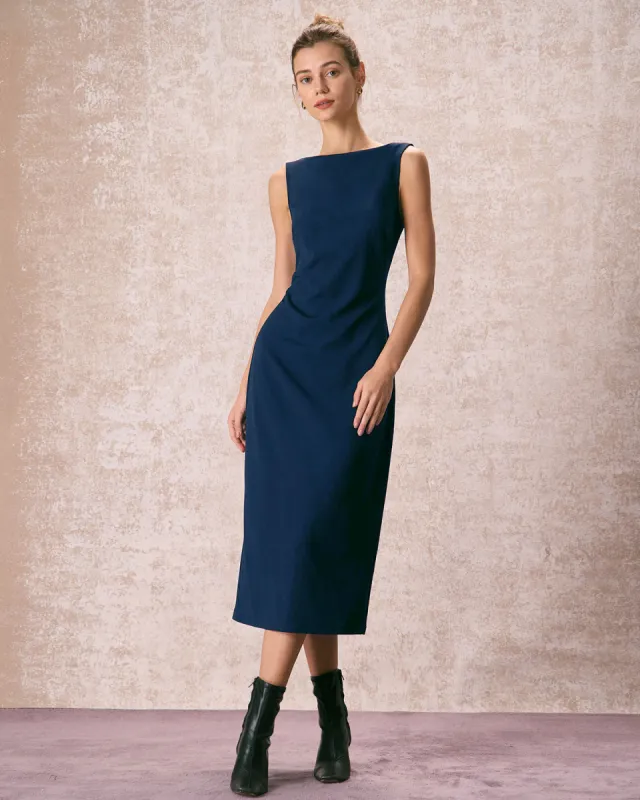 The Navy Boat Neck Ruched Midi Dress sold by rihoas