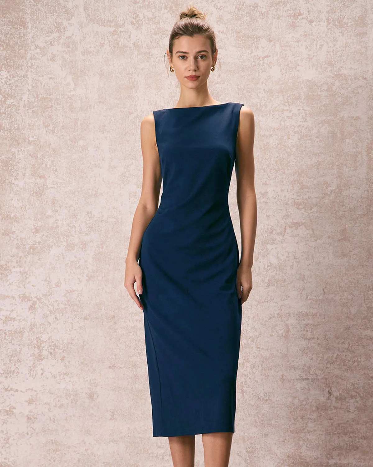 The Navy Boat Neck Ruched Midi Dress | Parallel