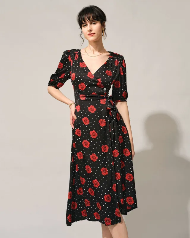 The V Neck Puff Sleeve Floral Wrap Midi Dress sold by rihoas