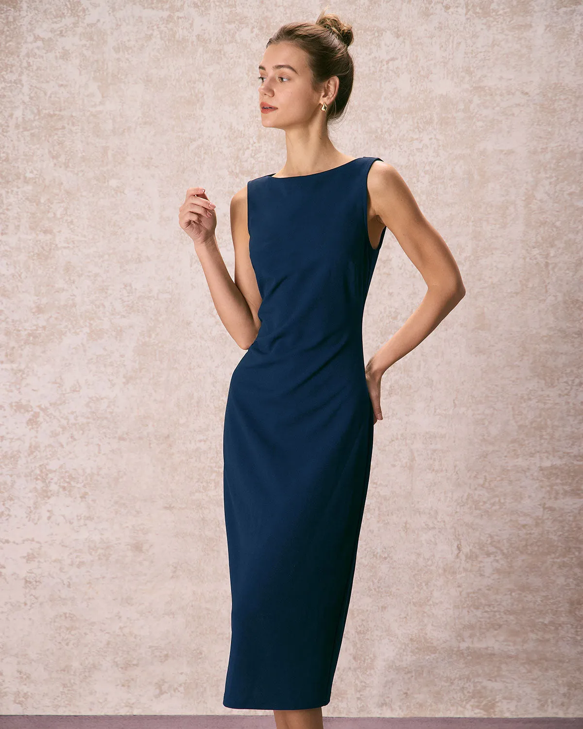 The Navy Boat Neck Ruched Midi Dress sold by rihoas product image thumbnail 3
