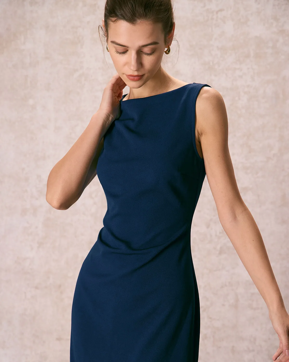 The Navy Boat Neck Ruched Midi Dress sold by rihoas product image thumbnail 2