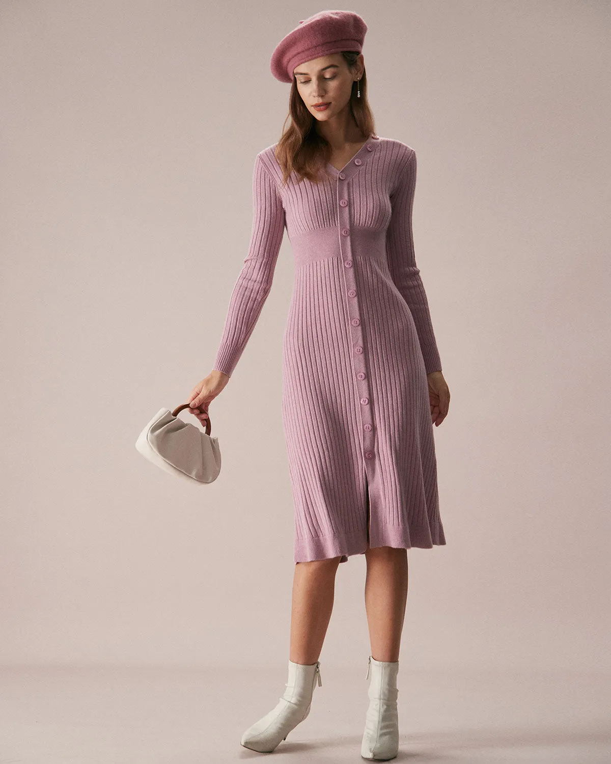 The Pink V Neck A-Hem Sweater Midi Dress sold by rihoas product image thumbnail 3
