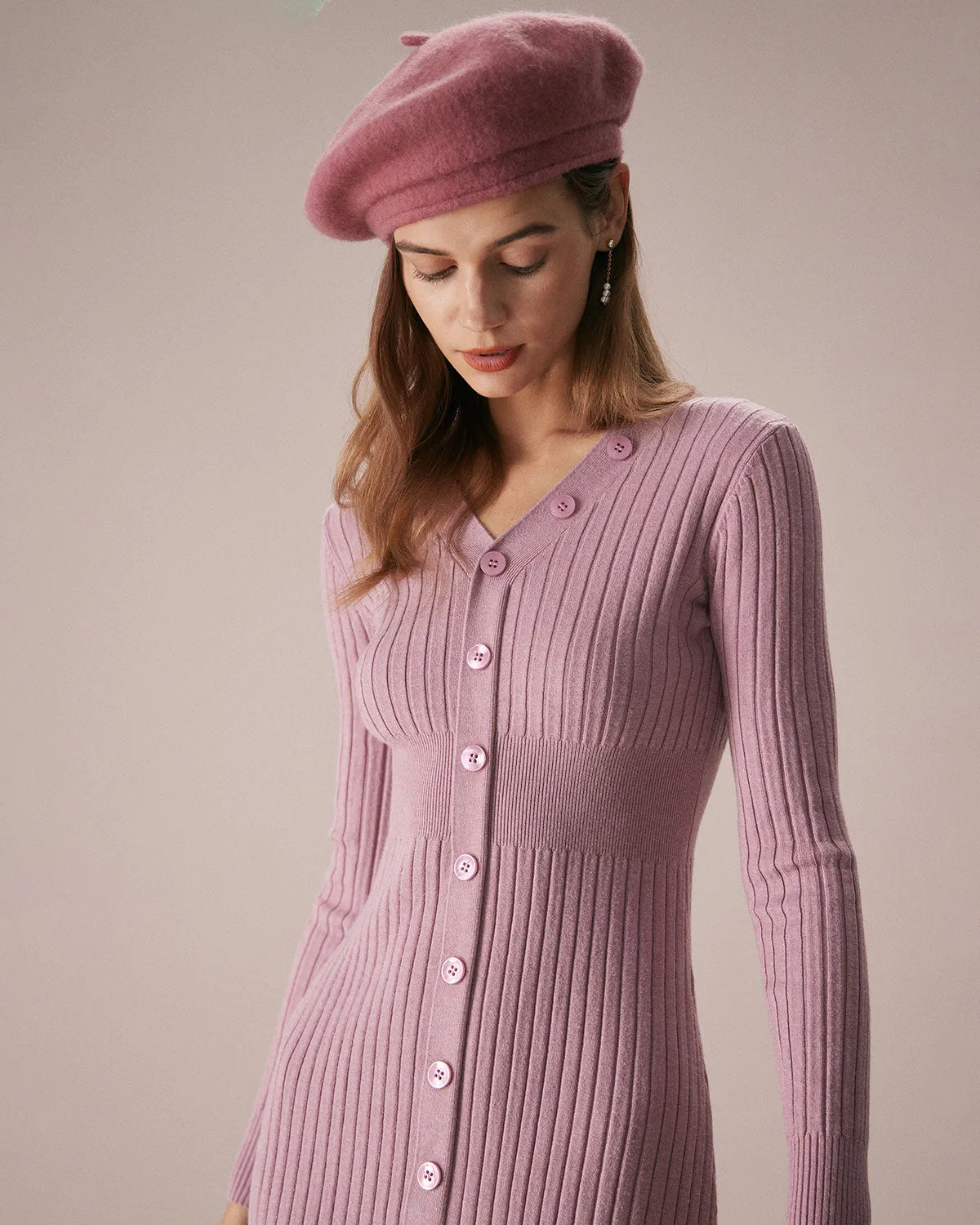 The Pink V Neck A-Hem Sweater Midi Dress sold by rihoas product image thumbnail 4