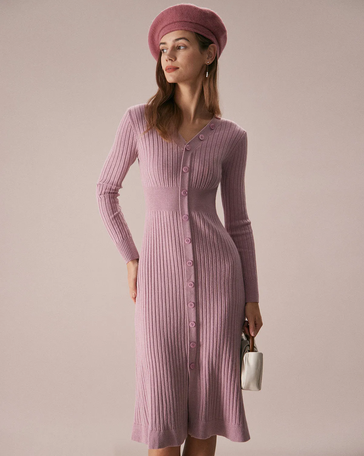 The Pink V Neck A-Hem Sweater Midi Dress sold by rihoas