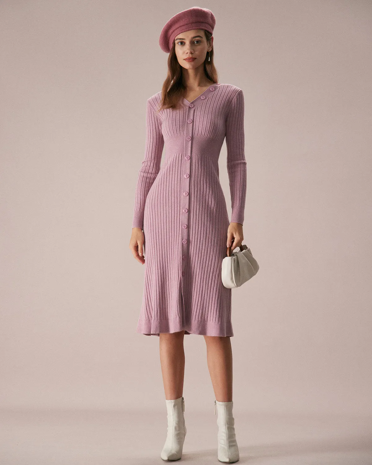 The Pink V Neck A-Hem Sweater Midi Dress sold by rihoas product image thumbnail 2