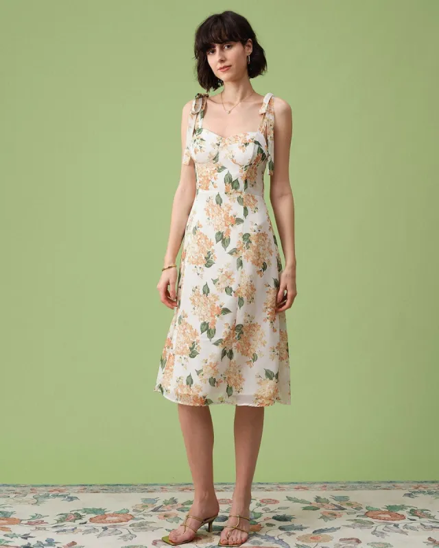 The Yellow Sweetheart Neck Tie Shoulder Floral Midi Dress sold by rihoas
